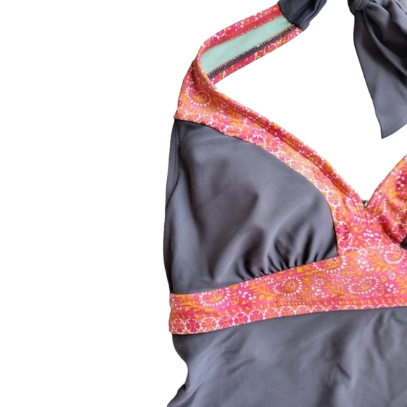 ATHLETA Ventana Bra Cup Halter Tankini Swim Top Gray Orange Paisley 34 B/C Beach - Picture 5 of 10